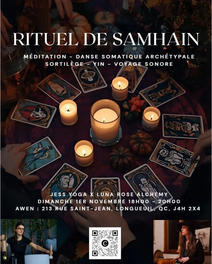 Affiche du Rituel de Samhain : cartes de tarot et bougies disposées en cercle